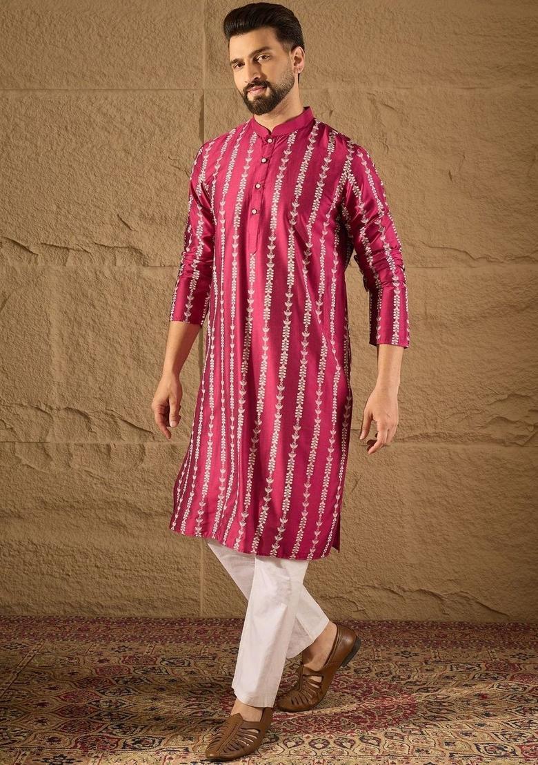 Pink Printed Silk Kurta For Men - Indya