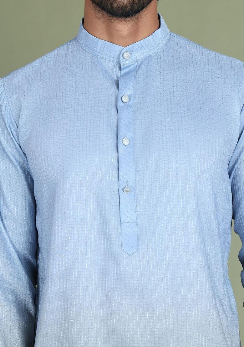 Blue Striped Cotton Kurta For Men - Indya