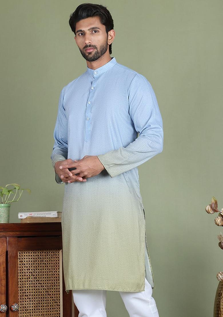 Blue Striped Cotton Kurta For Men - Indya