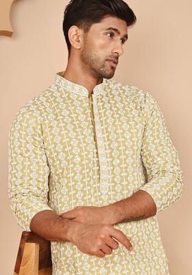 Beige Embroidered Viscose Kurta For Men