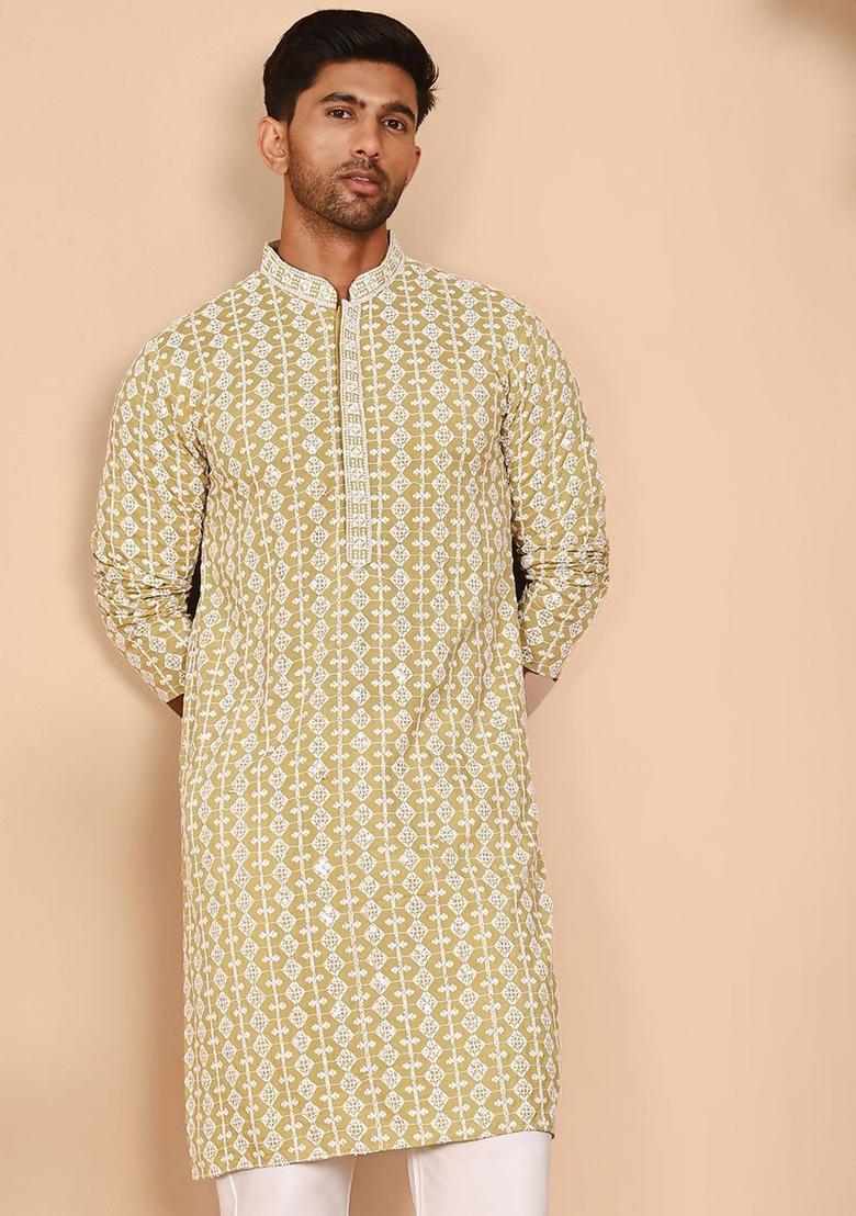 Beige Embroidered Viscose Kurta For Men - Indya