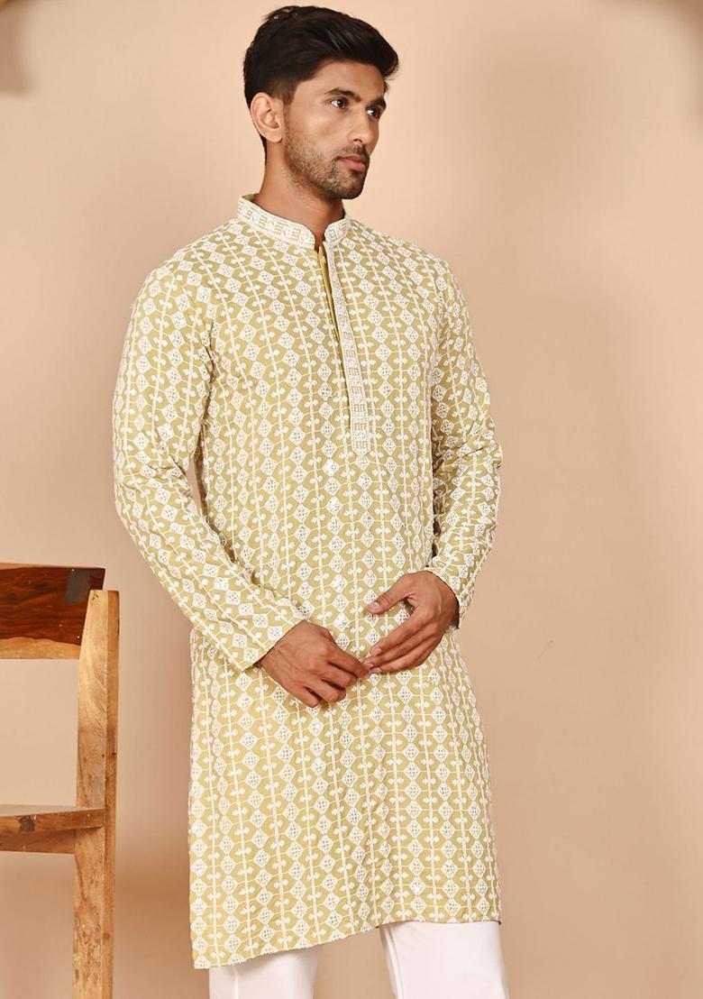 Beige Embroidered Viscose Kurta For Men - Indya