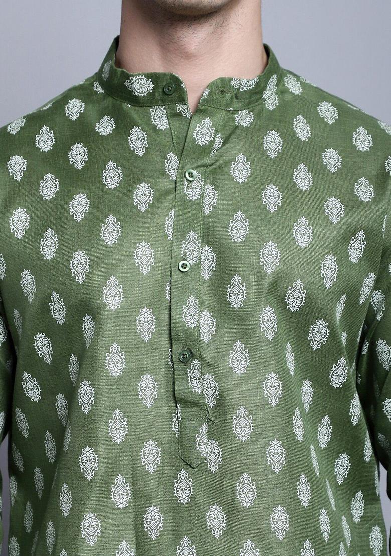 Olive Printed Cotton Kurta For Men - Indya