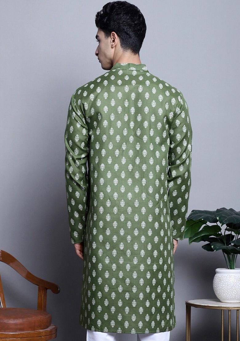 Olive Printed Cotton Kurta For Men - Indya