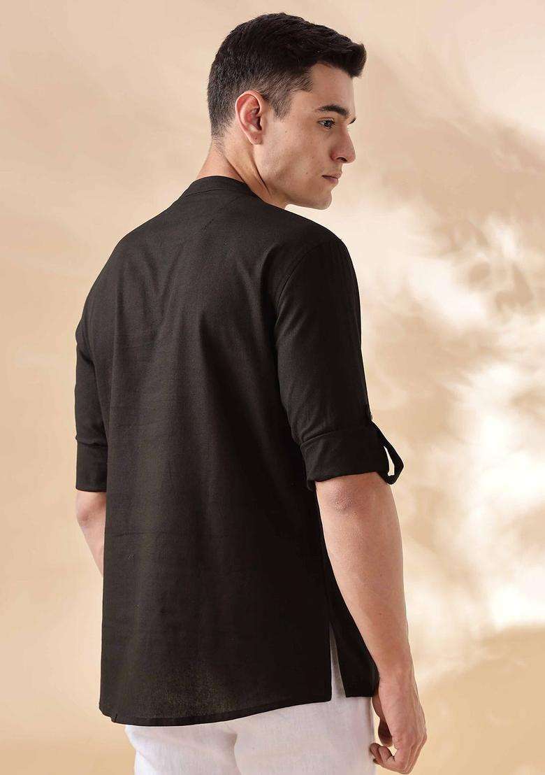 Black Striped Cotton Kurta For Men - Indya
