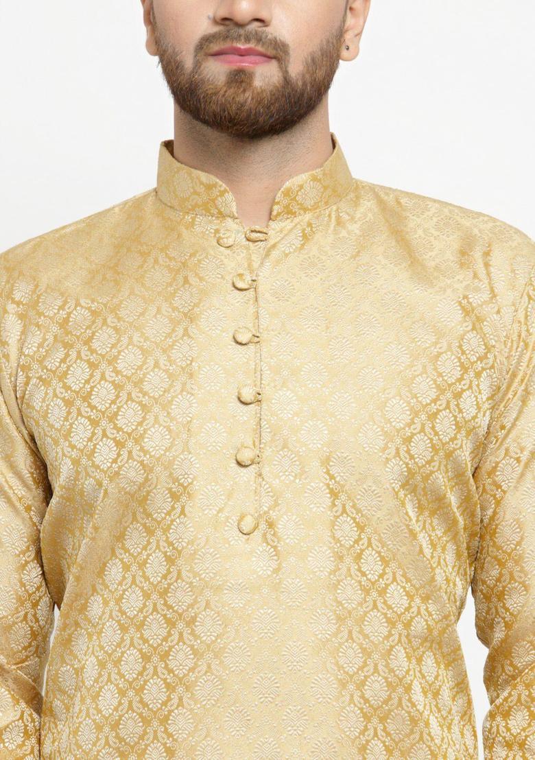 Gold Woven Design Jacquard Kurta For Men - Indya