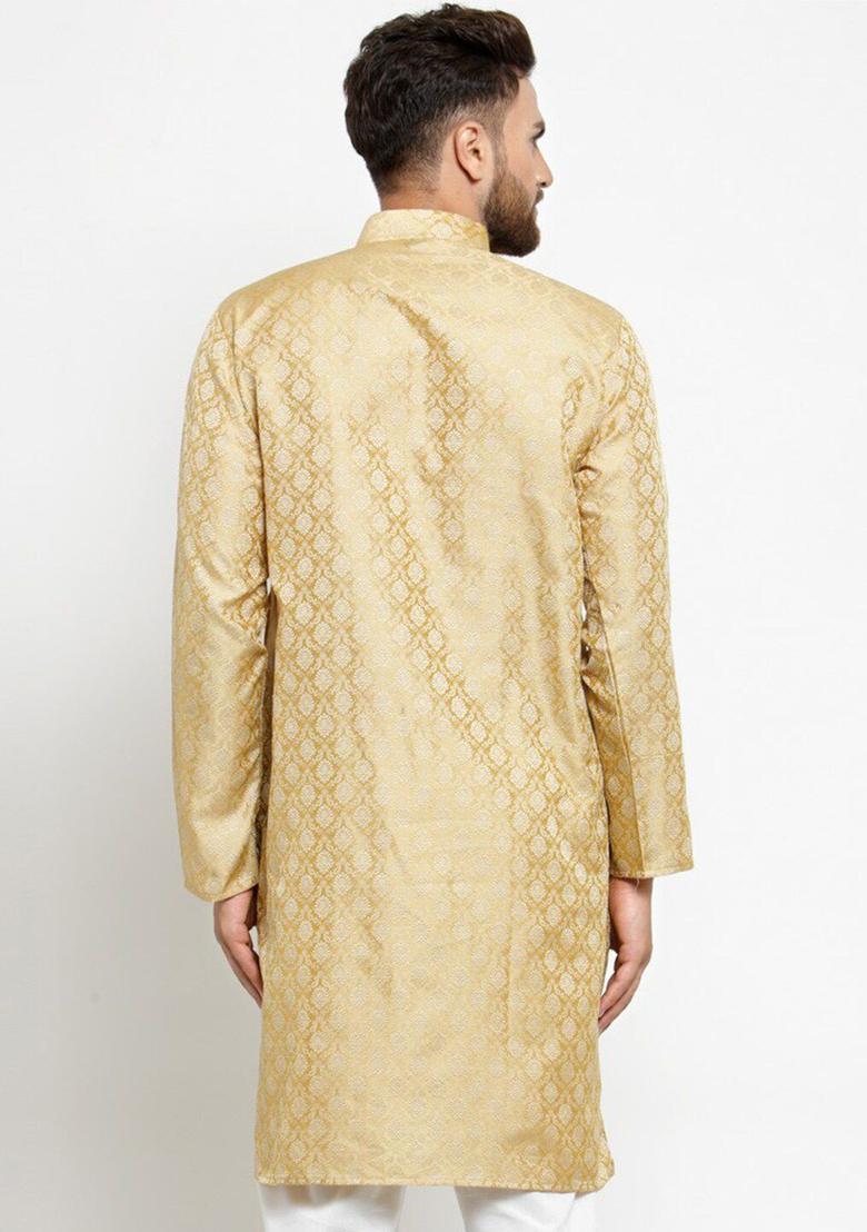 Gold Woven Design Jacquard Kurta For Men - Indya