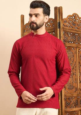 Maroon Woven Design Polyester Kurta For Men