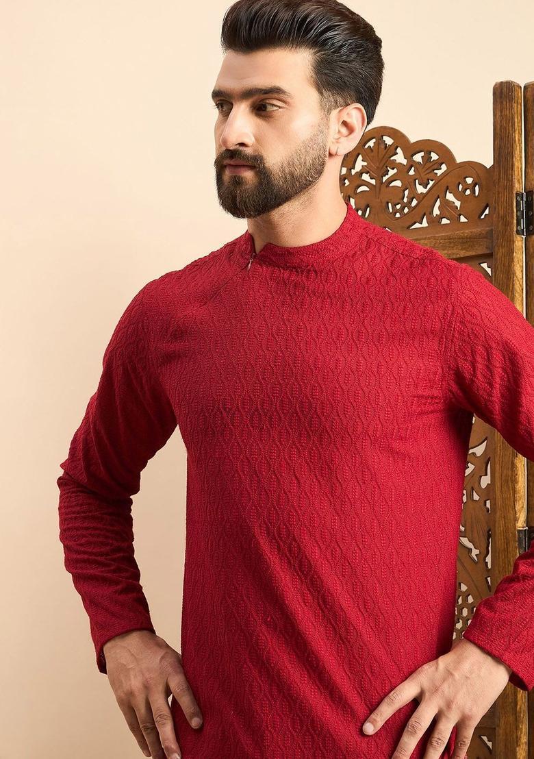 Maroon Woven Design Polyester Kurta For Men - Indya