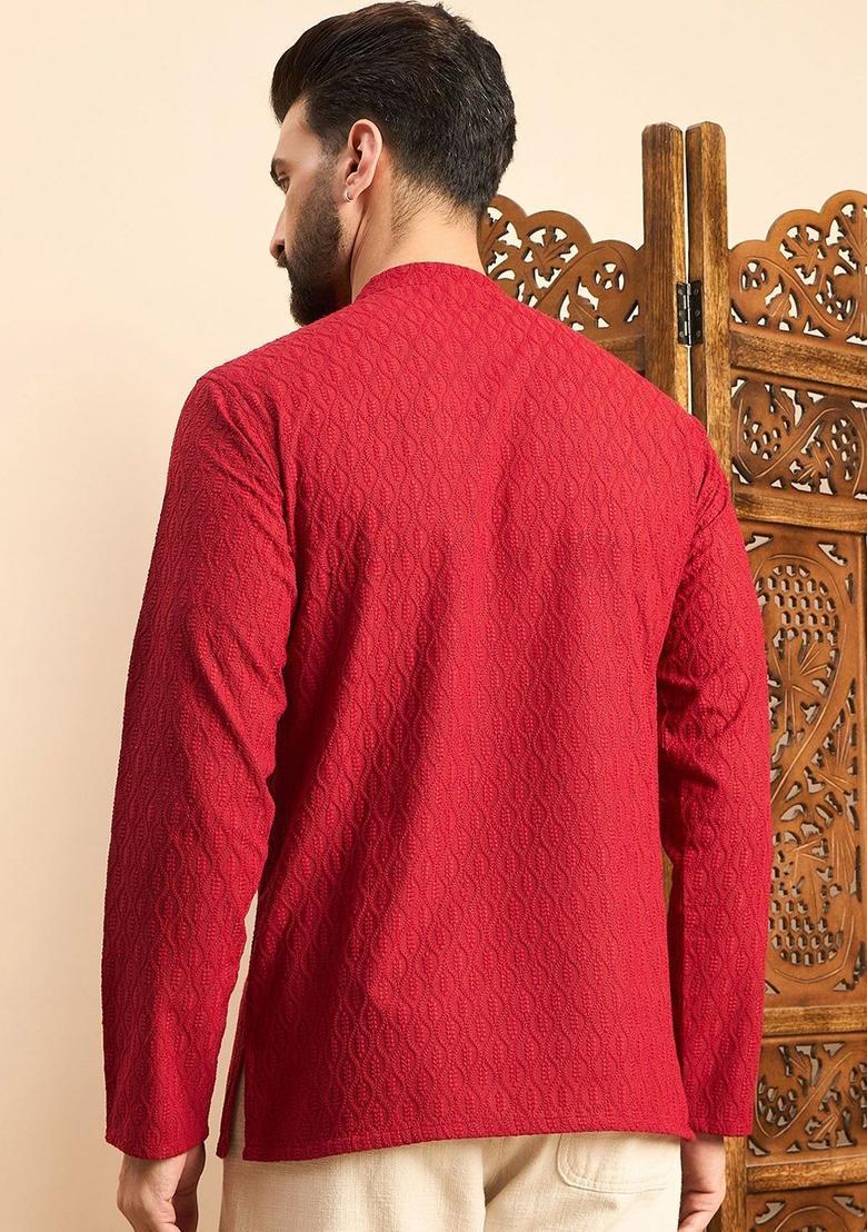 Maroon Woven Design Polyester Kurta For Men - Indya