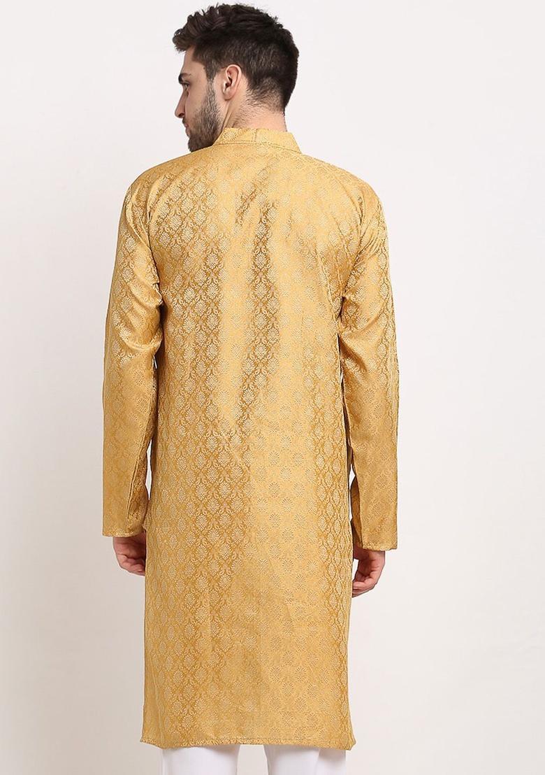 Gold Woven Design Jacquard Kurta For Men - Indya