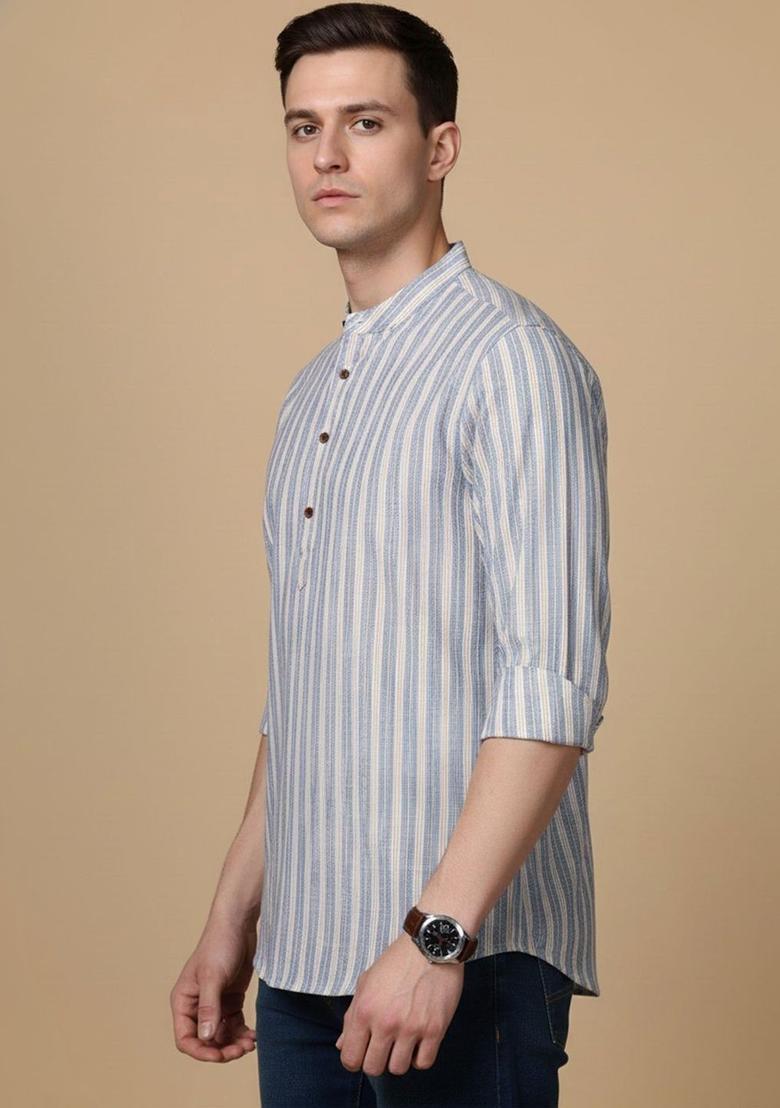 Blue Striped Cotton Kurta For Men - Indya