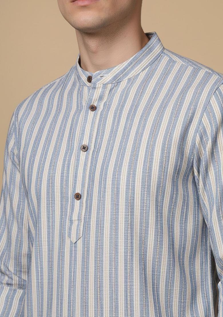 Blue Striped Cotton Kurta For Men - Indya