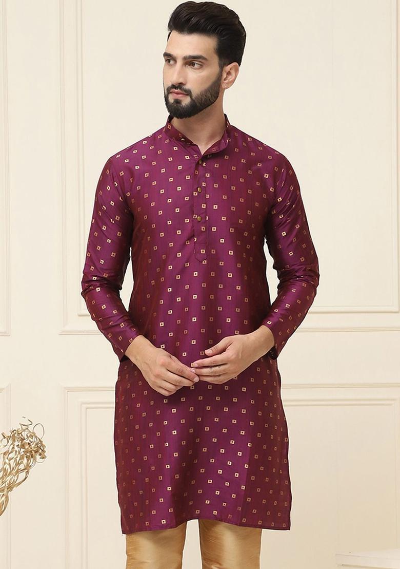 Purple Woven Design Cotton Kurta For Men - Indya