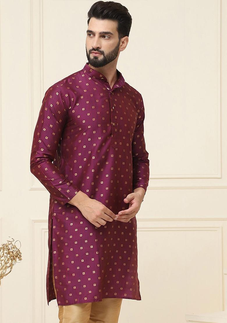 Purple Woven Design Cotton Kurta For Men - Indya