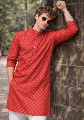 Red Printed Cotton Kurta For Men