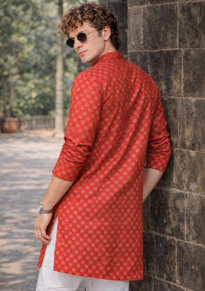 Red Printed Cotton Kurta For Men - Indya