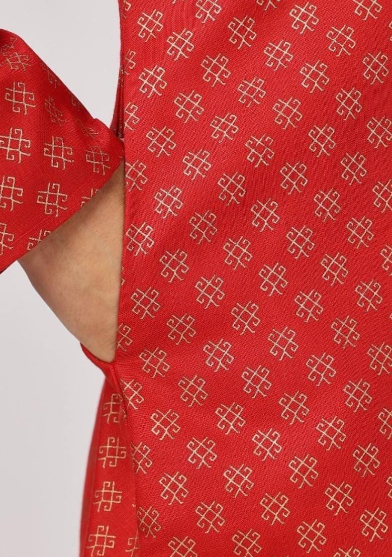 Red Printed Cotton Kurta For Men - Indya