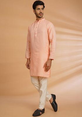 Peach Embroidered Cotton Kurta For Men