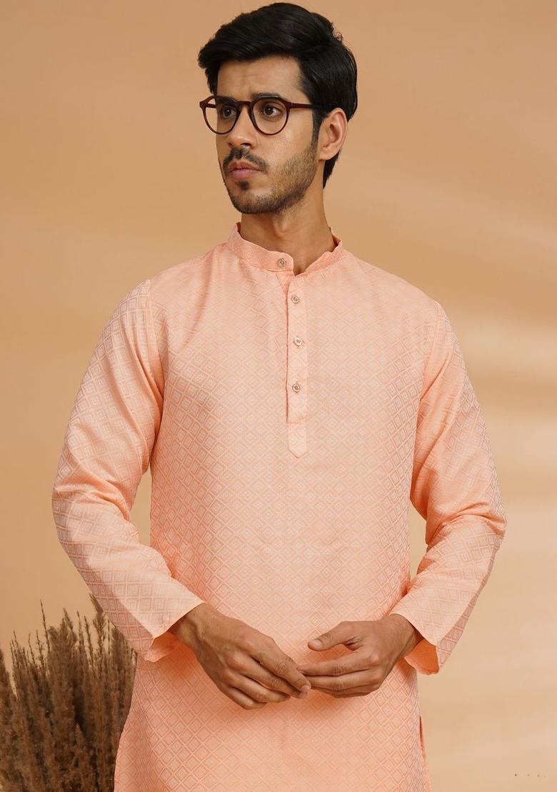 Peach Embroidered Cotton Kurta For Men - Indya