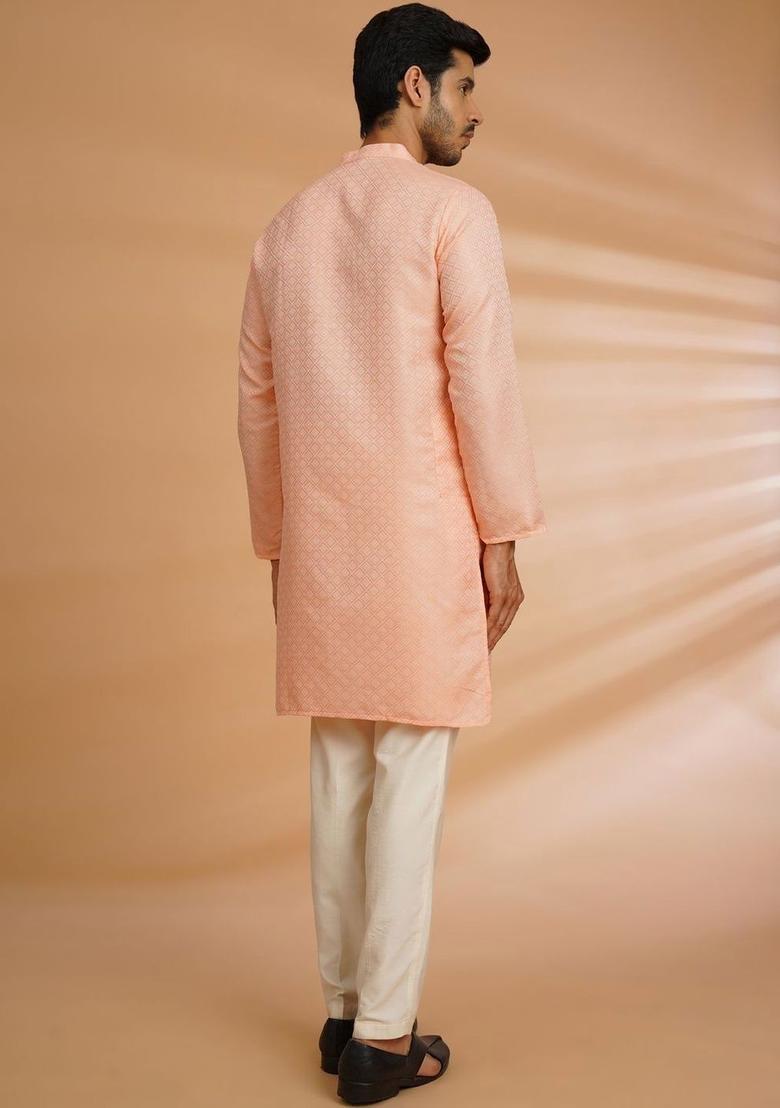 Peach Embroidered Cotton Kurta For Men - Indya