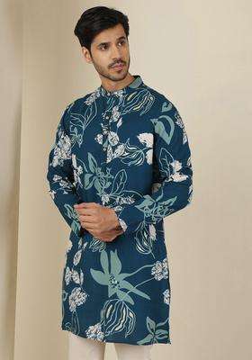 Blue Printed Viscose Kurta For Men