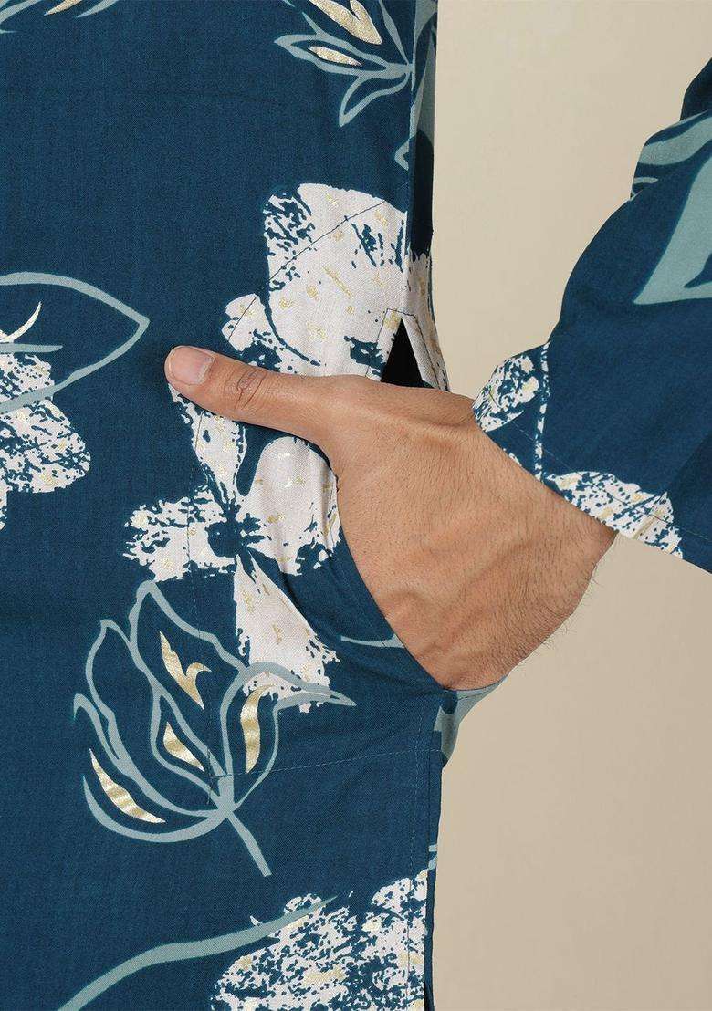 Blue Printed Viscose Kurta For Men - Indya