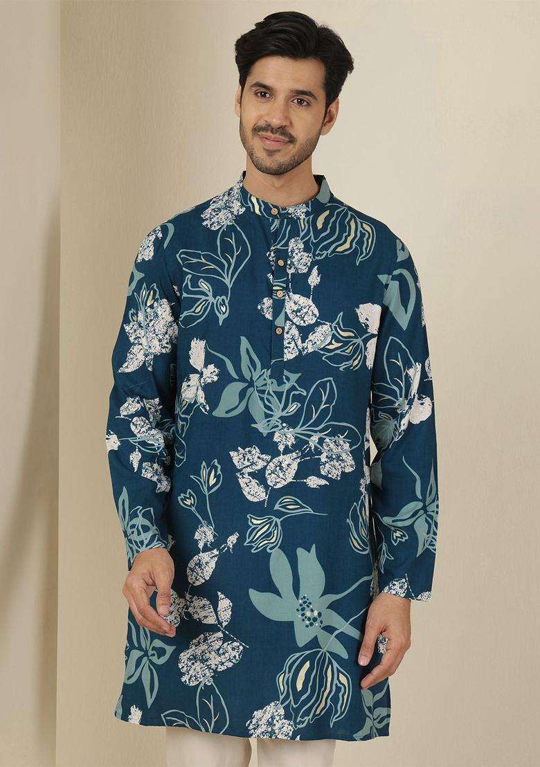 Blue Printed Viscose Kurta For Men - Indya