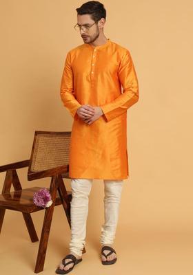Orange Solid Polyester Kurta For Men