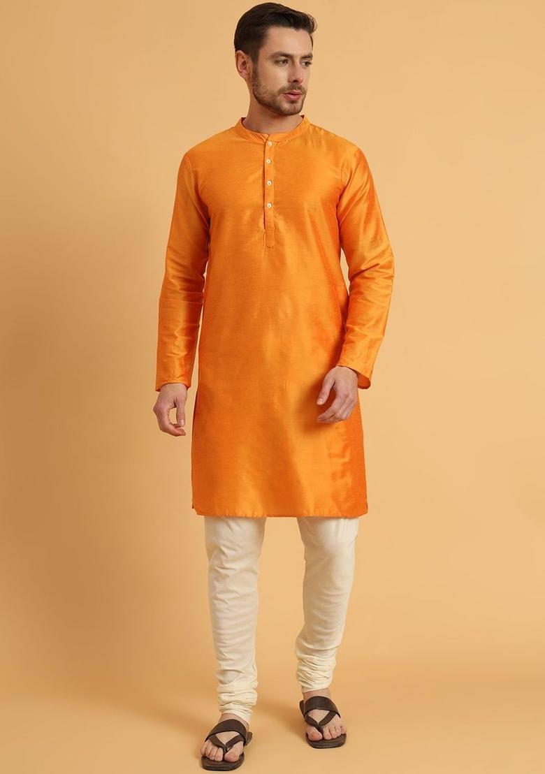 Orange Solid Polyester Kurta For Men - Indya