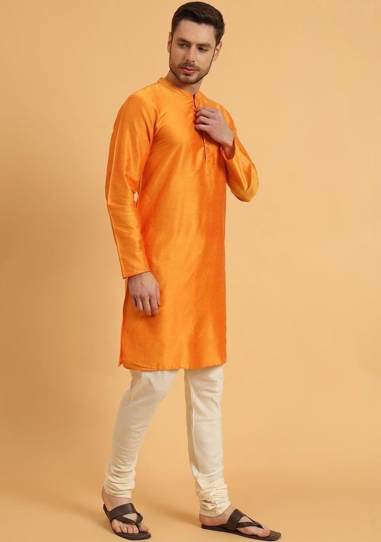 Orange Solid Polyester Kurta For Men - Indya