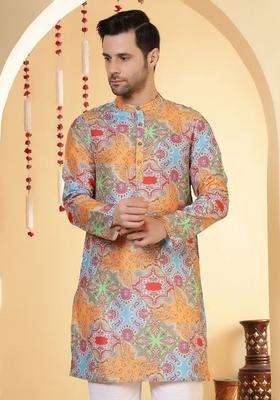 Blue Printed Viscose Kurta For Men