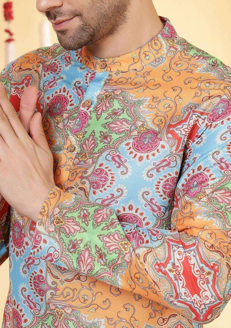 Blue Printed Viscose Kurta For Men - Indya