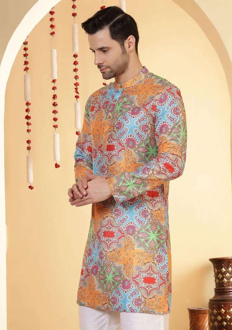 Blue Printed Viscose Kurta For Men - Indya