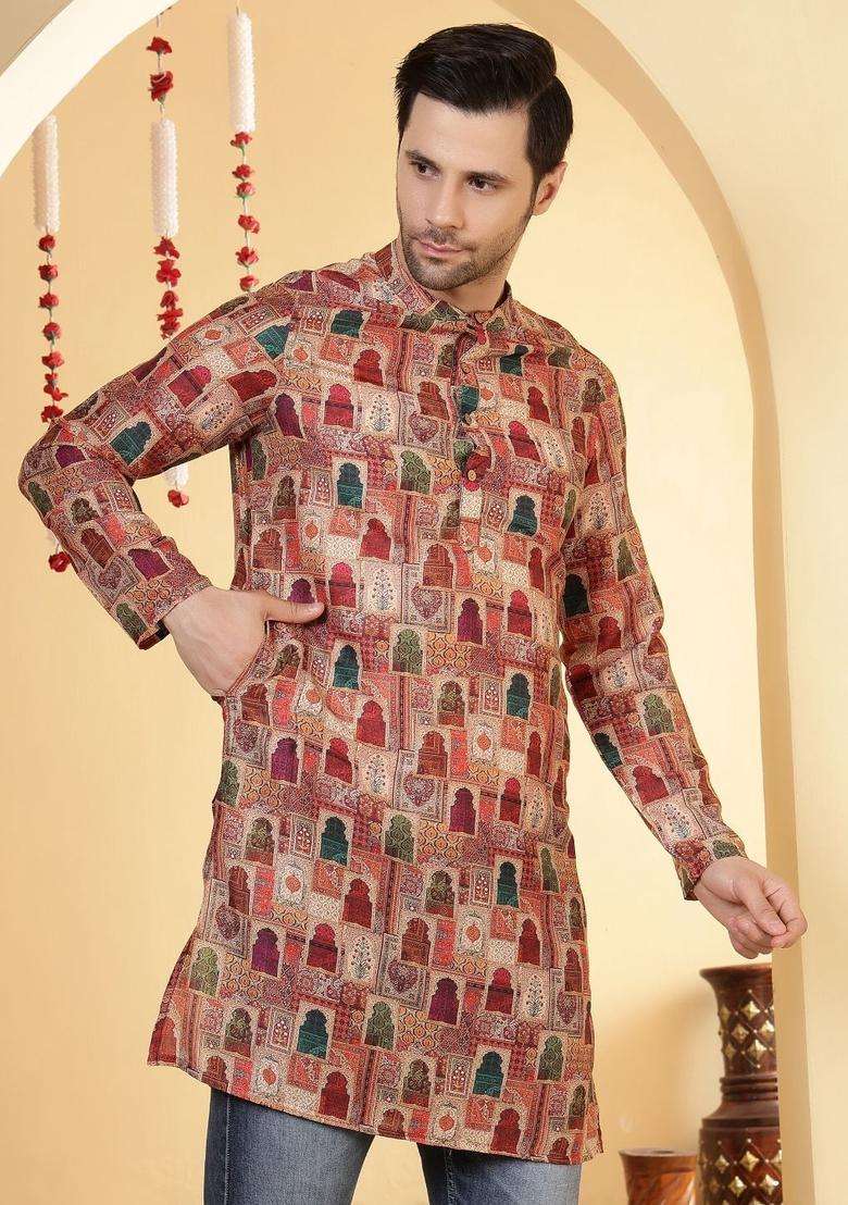 Multi Printed Viscose Kurta For Men - Indya