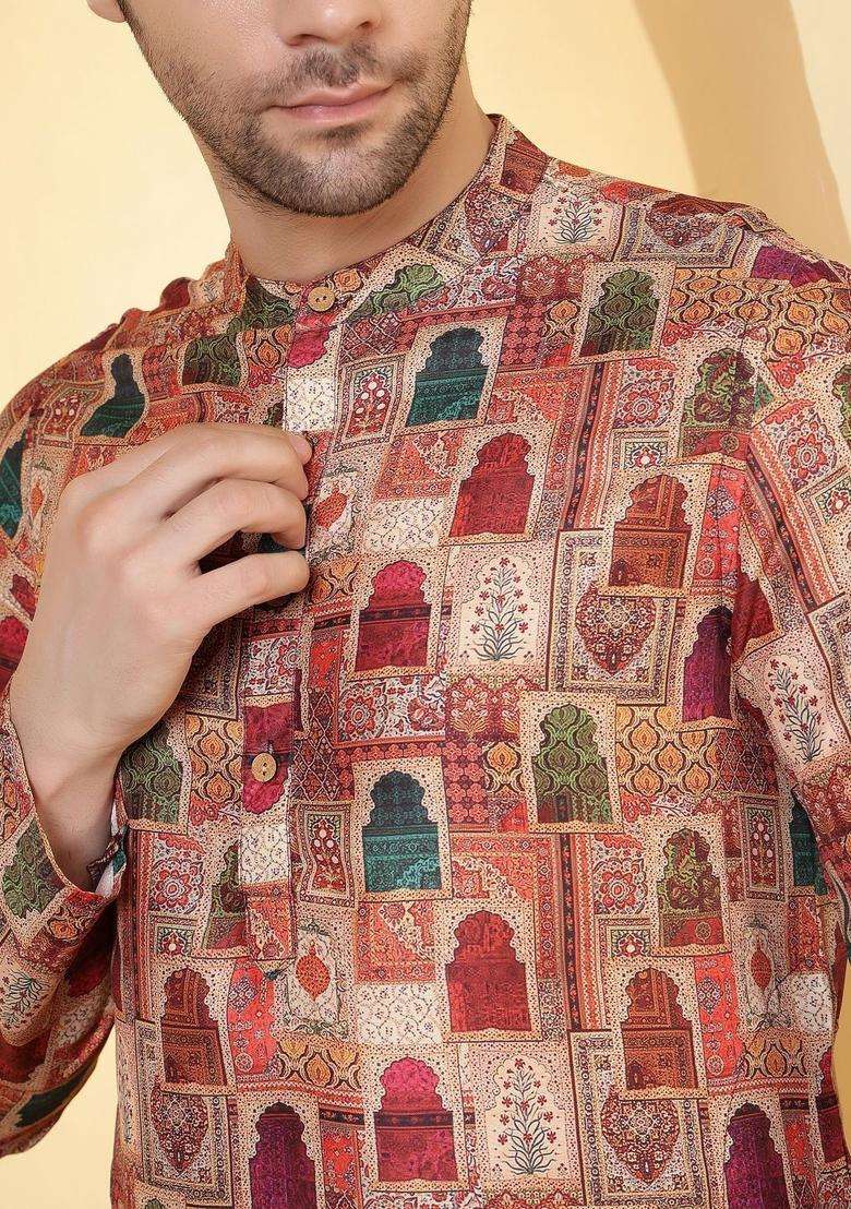 Multi Printed Viscose Kurta For Men - Indya