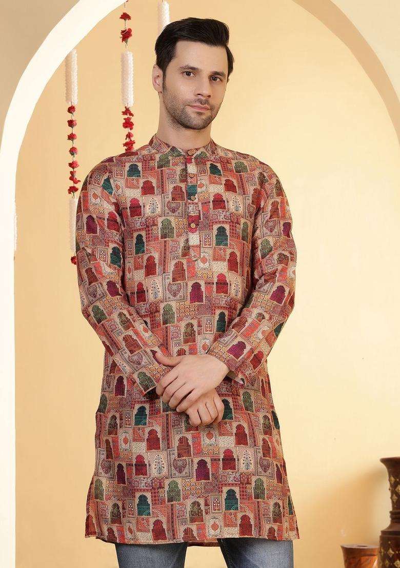 Multi Printed Viscose Kurta For Men - Indya