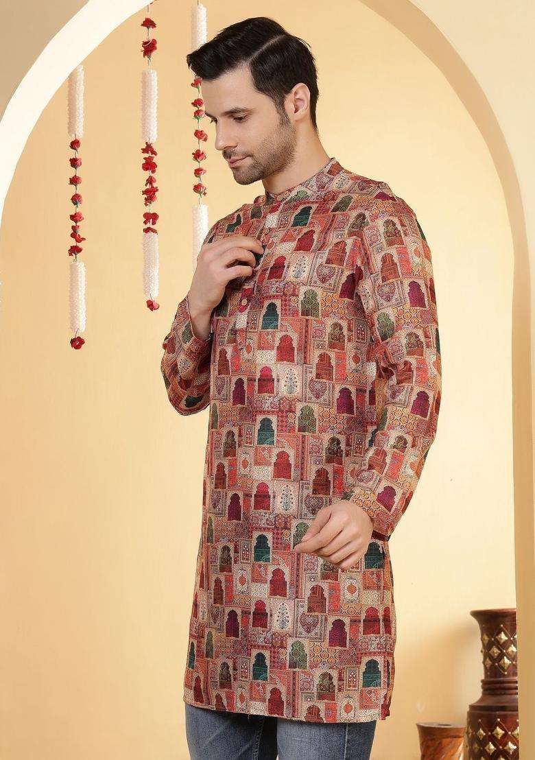 Multi Printed Viscose Kurta For Men - Indya
