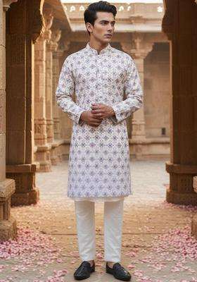 Multi Embroidered Jacquard Kurta For Men