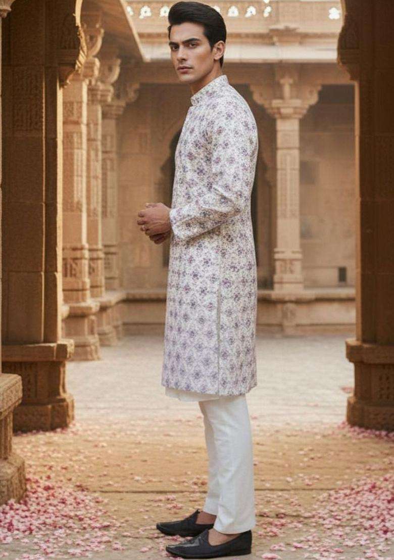 Multi Embroidered Jacquard Kurta For Men - Indya