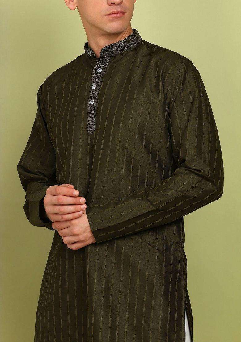 Olive Blended Kurta For Men - Indya