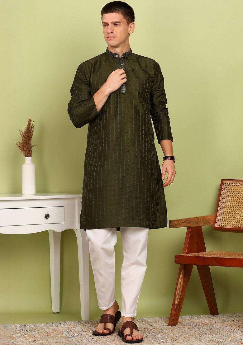 Olive Blended Kurta For Men - Indya