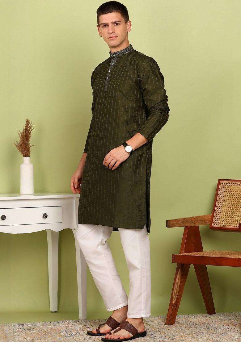 Olive Blended Kurta For Men - Indya