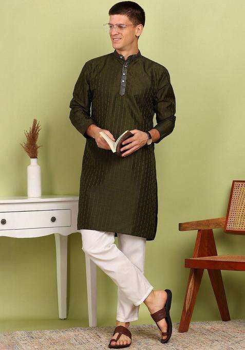 Olive Blended Kurta For Men