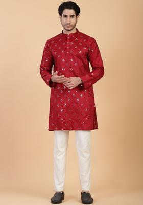 Maroon Embroidered Viscose Kurta For Men