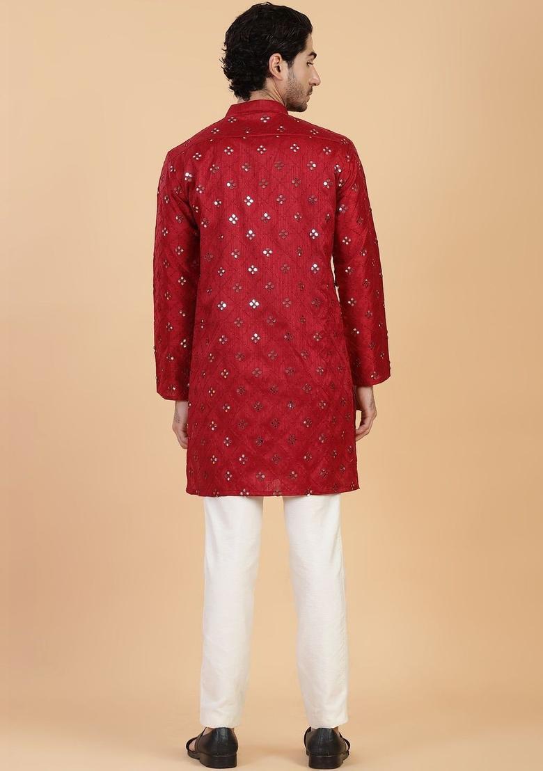 Maroon Embroidered Viscose Kurta For Men - Indya