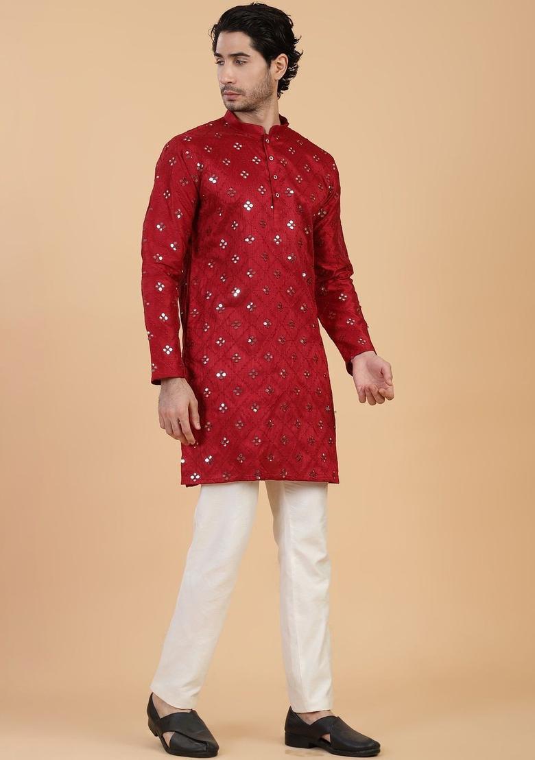Maroon Embroidered Viscose Kurta For Men - Indya