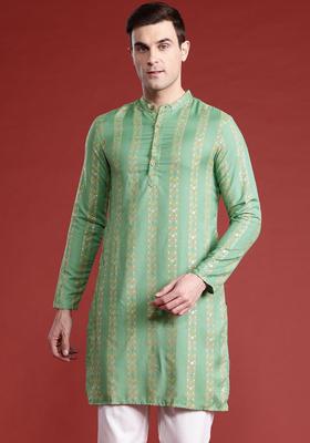 Green Printed Polyester Kurta For Men