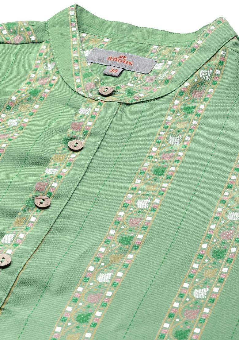 Green Printed Polyester Kurta For Men - Indya