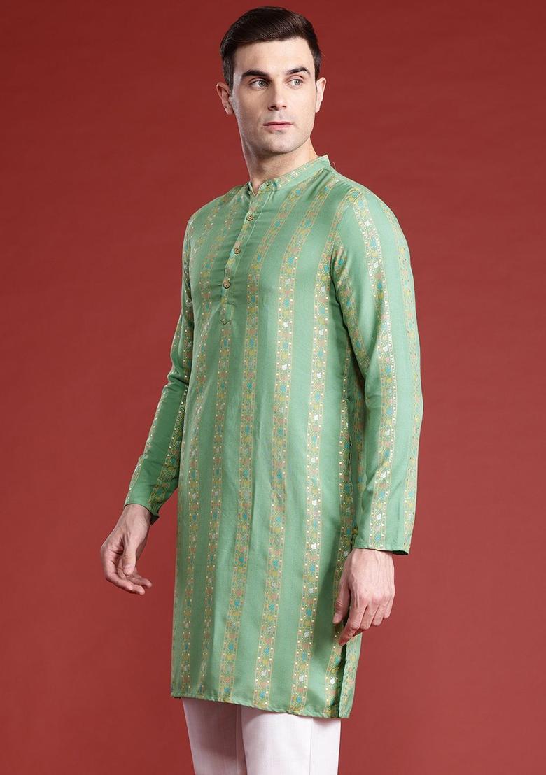 Green Printed Polyester Kurta For Men - Indya